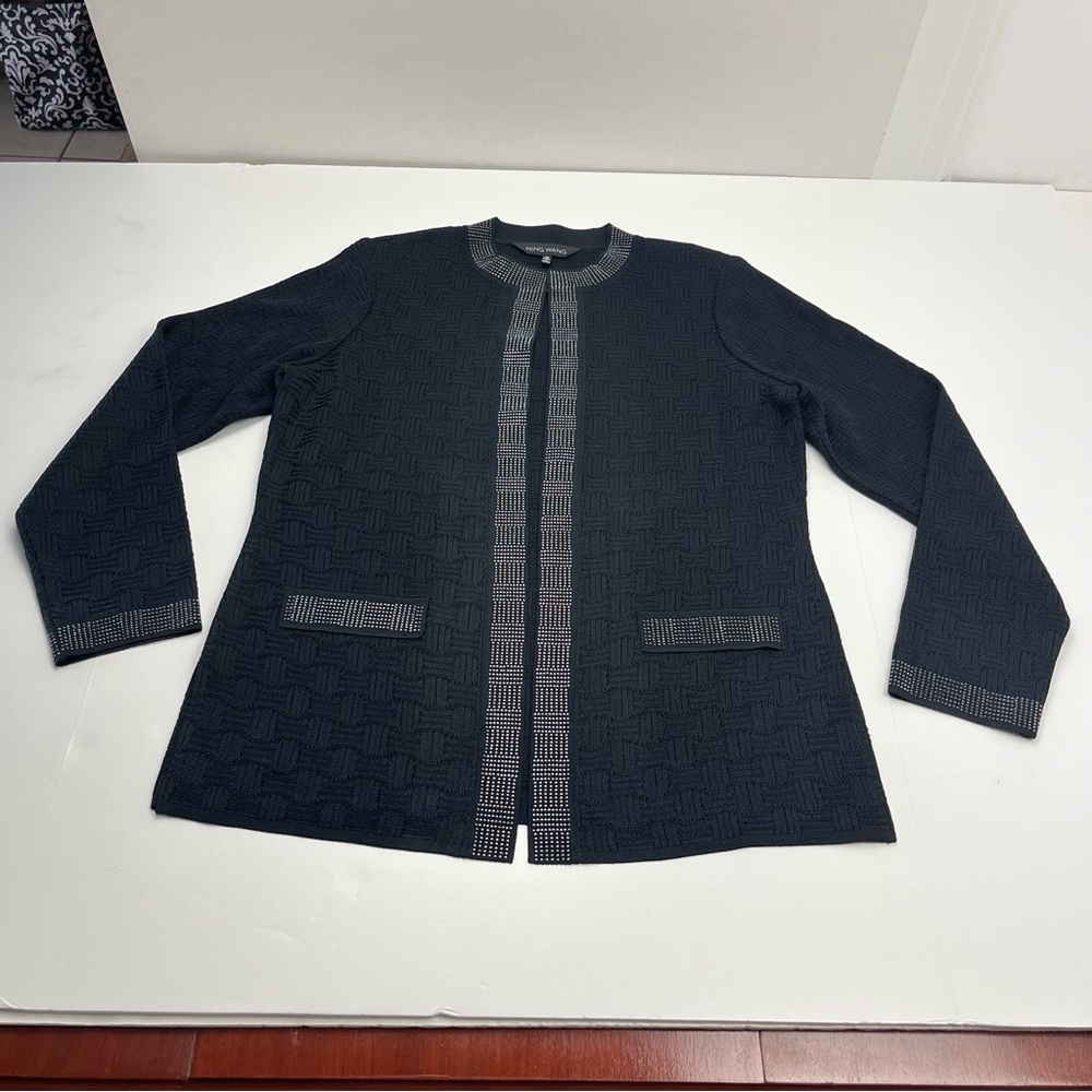 Ming Wang Black Open Front Cardigan Sweater‎ Womens Medium Office Work Career